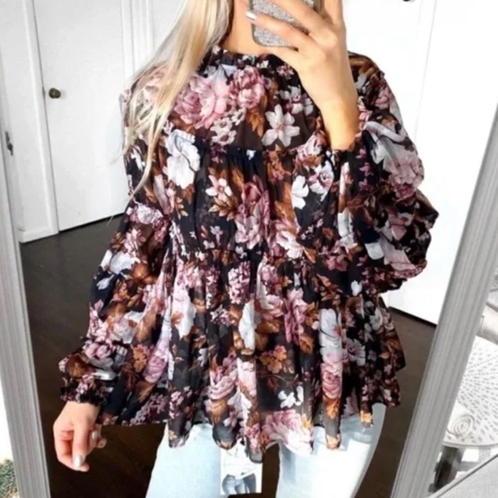 Tuckernuck OPT floral mock neck long sleeves top size small modest dark florals